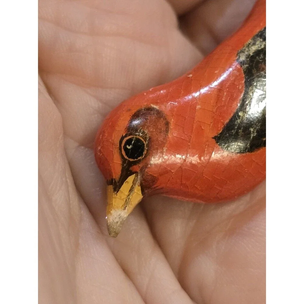 Vintage Hand Painted Red Bird Brooch Wood Bird Pin Folk Art Cardinal Style #1353